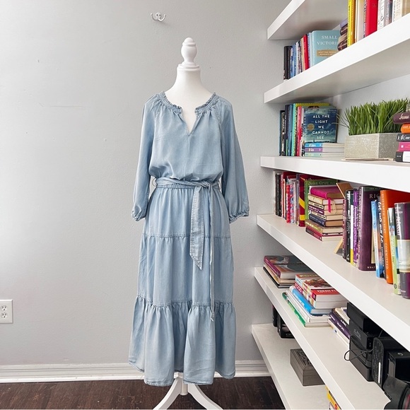 Lauren Ralph Lauren Women's Belted Waist Ruffle Denim Midi Dress Blue Size 4 - Picture 2 of 15